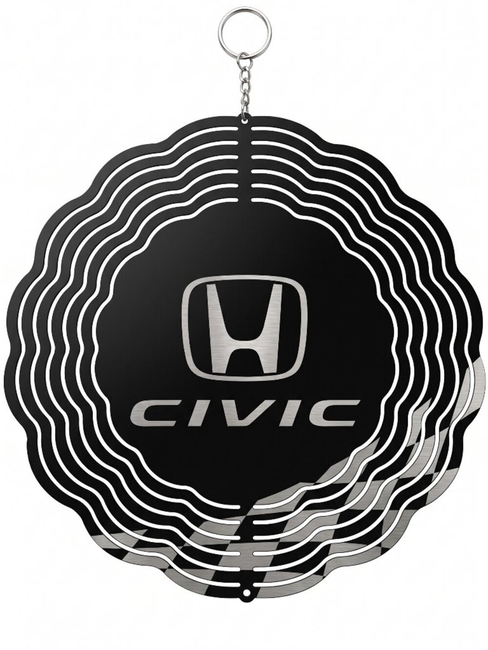 10" Honda Civic Checkered Flag Kinetic Wind Spinner - Black Metal Yard Decor